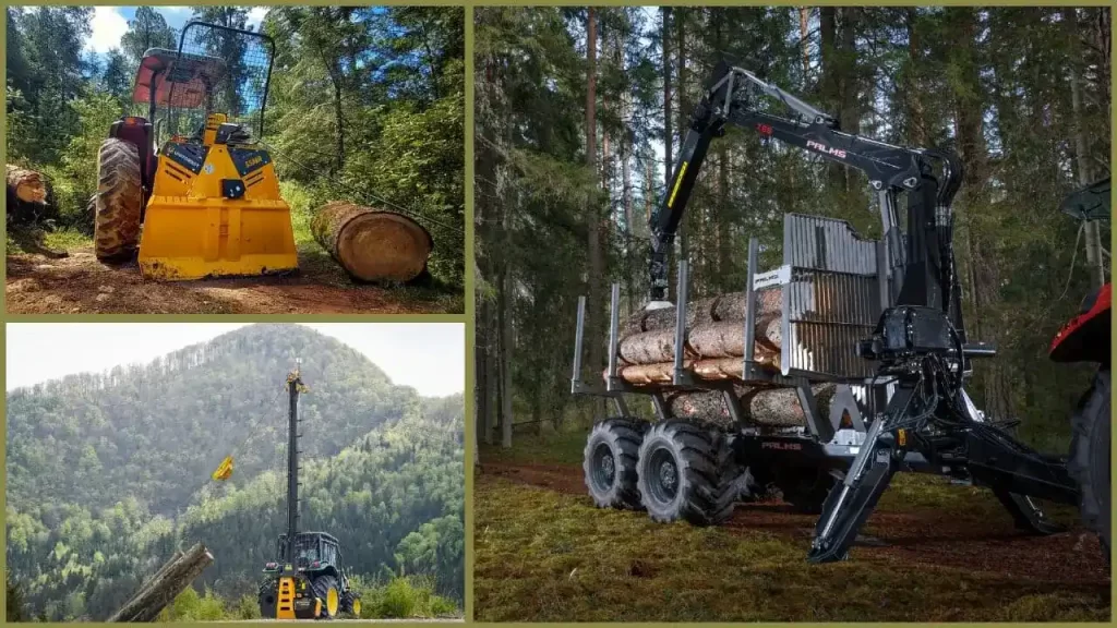 Equipos especializados para el transporte y almacenamiento en el sector forestal.