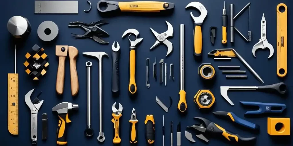 Conjunto de herramientas multifuncionales organizadas sobre un fondo oscuro, ideales para diversos tipos de trabajos y reparaciones.