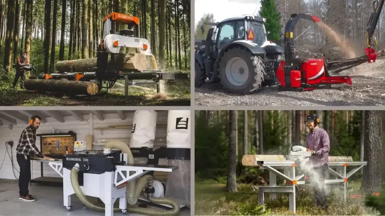 Maquinaria industrial para procesamiento y manejo de madera en la industria forestal.