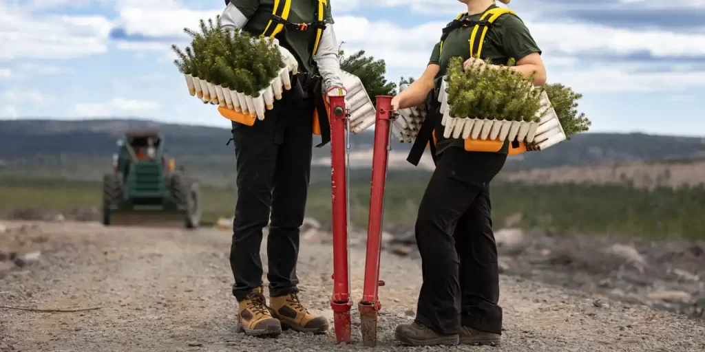 Dos trabajadores con herramientas especializadas y bandejas de plántulas en una plantación de reforestación sostenible.
