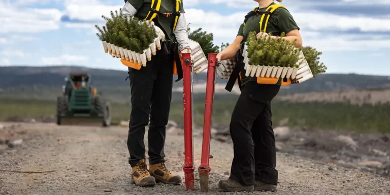 Dos trabajadores con herramientas especializadas y bandejas de plántulas en una plantación de reforestación sostenible.